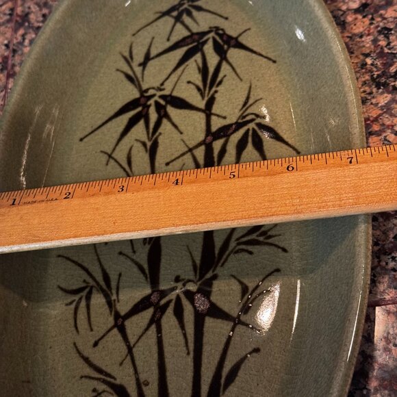 Mark Blumenfeld Pottery Green Brown Glazed Ceramic Oval Serving Platter Leaf Sig